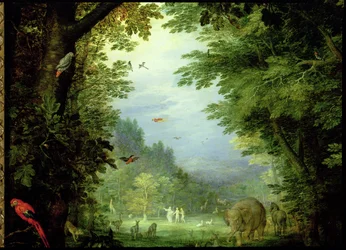 La terra o Il paradiso terrestre, (dettaglio di Adamo ed Eva con Dio e altri animali)