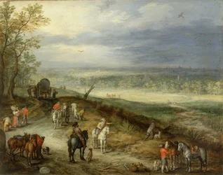 Ampio paesaggio con viaggiatori su una strada di campagna, 1608-10 circa (olio su rame)