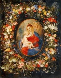 La Vergine, il bambino Gesù e gli angeli al centro di una ghirlanda di fiori. Medaglione di Rubens ...