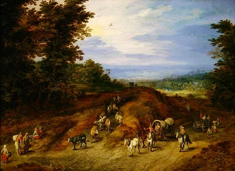 Paesaggio con contadini, carri e animali