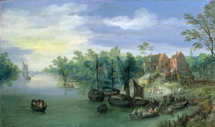 Imbarcazioni fluviali vicino a un molo, 1597