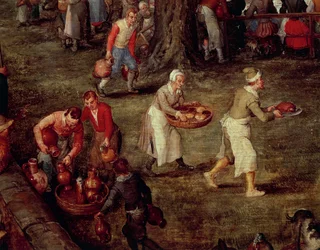 Servitori che portano cibo e vino