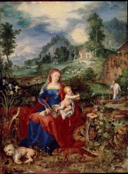 La Sacra Famiglia con animali vergini che sfogliano un libro e tengono il bambino Gesù, circondati da un cane, una volpe, uccelli, un granchio, un gufo, un pappagallo, una rana, una lumaca e un