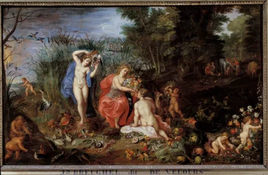 I quattro elementi: Tre Grazie in un paesaggio forestale con verdure, frutta, pesci e crostacei