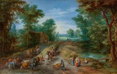 Paesaggio boscoso con viaggiatori