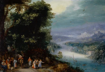 Valle fluviale boscosa con strada, c.1602