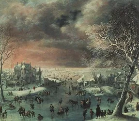 Un paesaggio invernale con figure sul ghiaccio