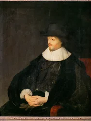 Constantijn Huygens, poeta olandese e amico degli artisti, padre del medico Christiaan Huygens ... (olio su tavola)