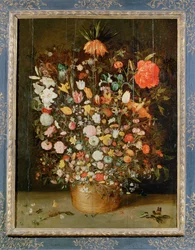 Natura morta: un mazzo di fiori in un vaso di legno (dipinto su tela)