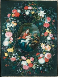 Il matrimonio mistico di Santa Caterina in un paesaggio, circondato da una ghirlanda di fiori