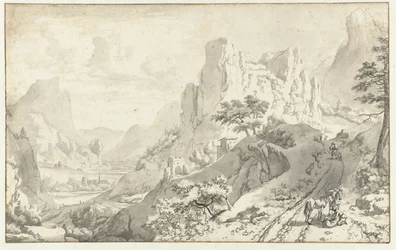 Paesaggio montano con cavaliere disceso