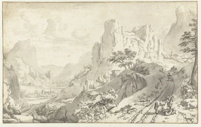 Paesaggio montano con viaggiatori su una strada