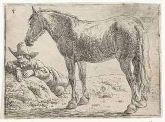 Cavallo in piedi con cavaliere a riposo Paesaggi con cavalli (titolo della serie)