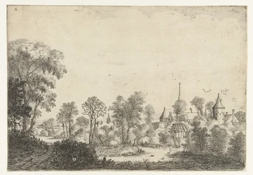 Paesaggio con vista sul villaggio e uomo in barca