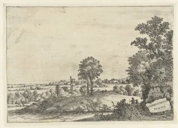 Paesaggio con due uomini su una strada sabbiosa e vista su un villaggio