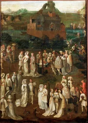 Società di corte davanti a un castello borgognone (olio su tavola)