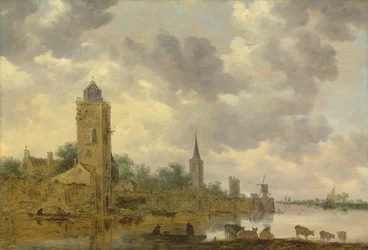 Paesaggio con mura cittadine e faro