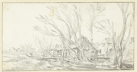 Paesaggio con alberi storti e spogli vicino a fattorie