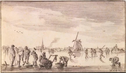 Paesaggio invernale con pattinatori e pescatori