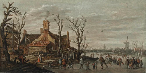 Paesaggio invernale con figure sul ghiaccio vicino a un cottage