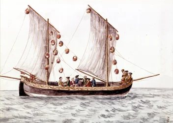 Un trabaccolo veneziano con lanterne, barca da pesca utilizzata in acque poco profonde come il Mare Adriatico. Disegno ad acquerello e inchiostro dal manoscritto "Costumi dei Veneziani" di Jan van Grevenbroeck (o Giovanni Grevembroch) (1731-1807)