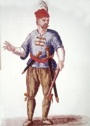 Una galleria nel XVIII secolo. Disegno ad acquerello e inchiostro dal manoscritto "Costumi dei Veneziani" di Jan van Grevenbroeck (o Giovanni Grevembroch) (1731-1807)