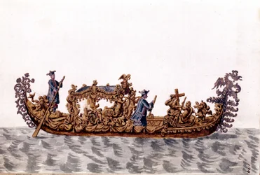 Una gondola reale. Disegno ad acquerello e inchiostro dal manoscritto "Costumi dei Veneziani" di Jan van Grevenbroeck (o Giovanni Grevembroch) (1731-1807)
