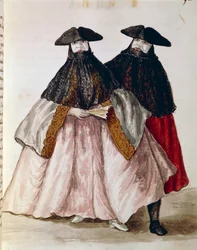 Personaggi del Carnevale a Venezia, illustrazione dal libro illustrato dei costumi veneziani, di Jan Grevenbroeck (1731-1807), acquerello, Italia