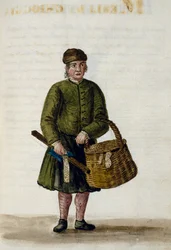 Venditore di merletti di Chioggia, illustrazione da manoscritto di abiti veneziani, Volume IV, c 68, di Jan Grevenbroeck, acquerello, Italia