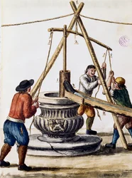 Scavo di un pozzo, illustrazione dal libro illustrato dei costumi veneziani, di Jan Grevenbroeck (1731-1807), acquerello, Italia