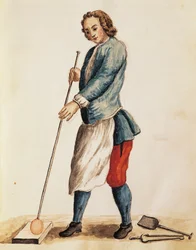 Soffiatore di vetro di Murano, illustrazione da Libro illustrato dei costumi veneziani, di Jan Grevenbroeck, acquerello, Italia