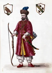 Marco Polo. Disegno ad acquerello e inchiostro dal manoscritto “Costumi dei Veneziani” di Jan van Grevenbroeck (o Giovanni Grevembroch) (1731-1807)