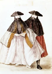 Maschere del Carnevale di Venezia. Disegno ad acquerello e inchiostro dal manoscritto “Costumi dei Veneziani” di Jan van Grevenbroeck (o Giovanni Grevembroch) (1731-1807)