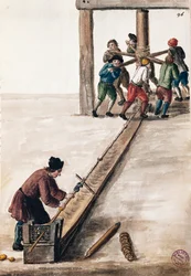 Lavorazione delle aste per la zecca, illustrazione dal libro illustrato dei costumi veneziani, di Jan Grevenbroeck, acquerello, Italia