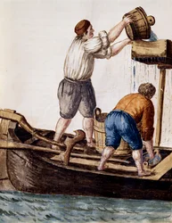 Setacciamento delle acque del canale alla ricerca di oggetti smarriti, illustrazione da Libro illustrato dei costumi veneziani, di Jan Grevenbroeck, acquerello, Italia