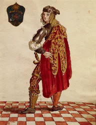 Abito di cavaliere della Confraternita della Calza nel 1564, da Gli Abiti de Veneziani, libro illustrato di costumi