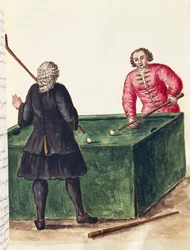 Due nobili veneziani che giocano a biliardo, di Jan Grevenbroeck, incisione, Italia