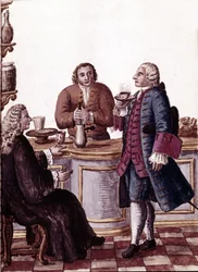 Nobili veneziani al caffè, uno di loro sta gustando una cioccolata. Disegno ad acquerello e inchiostro dal manoscritto "Costumi dei Veneziani" di Jan van Grevenbroeck (o Giovanni Grevembroch)