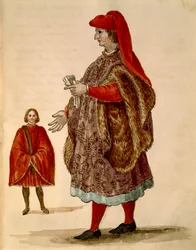 Senatore veneziano che indossa la "Dogalina", veste formale con maniche larghe, Gli Abiti de Veneziani, da libro illustrato di costumi