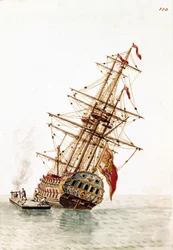 Nave veneziana abbattuta nello scafo per essere riparata. Disegno ad acquerello e inchiostro dal manoscritto “Costumi dei Veneziani” di Jan van Grevenbroeck (o Giovanni Grevembroch (Grevenbroch) (1731-1807)