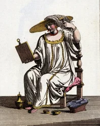 Metodo delle donne veneziane per schiarire i capelli al sole nel XVII - XVIII secolo. Disegno ad acquerello e inchiostro dal manoscritto "Costumi dei Veneziani" di Jan van Grevenbroeck (o Giovanni Grevembroch) (1731-1807)
