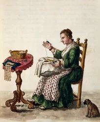 Donna che fa merletto a punto in aria, ca 1754, illustrazione da Libro illustrato dei costumi veneziani, Volume III, c 147, di Jan Grevenbroeck