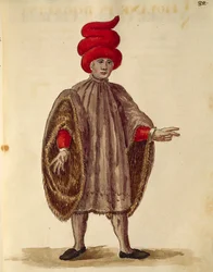Giovane uomo che indossa la "Dogalina", veste formale con maniche larghe, di Jan van Grevenbroeck o Giovanni Grevembroch, Gli Abiti de Veneziani, da libro illustrato di costumi