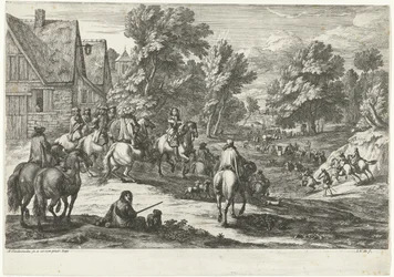 Veduta di un villaggio con cavalieri in primo piano