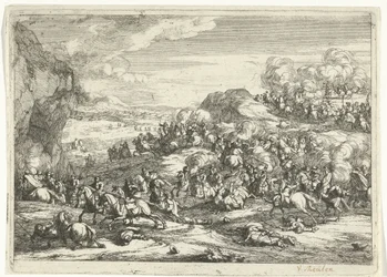 Paesaggio con combattimento di cavalieri
