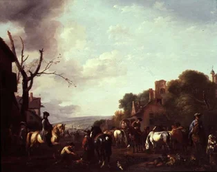 Cavalieri e viaggiatori fermati in un villaggio