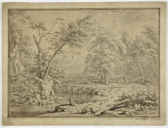 Paesaggio con pastori vicino al fiume e uomo a cavallo