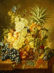 Prugne, una pesca, uva, un melone, un ananas, un fico, ribes, ciliegie e fiori in un cesto, e uva, un melograno, prugne e un fico, con farfalle su un davanzale di pietra
