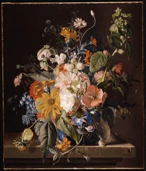 Papaveri, Altea, Gloria del Mattino, Viola, Margherite, Piselli odorosi, Calendule e altri fiori in un vaso con una lumaca su un cornicione