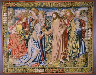 Arazzo fiammingo. Serie Il Cielo di Carlo V. Cristo saluta sua Madre. Cartonista Jan van Coninxloo. Manifattura di Julien Portois, Mechelen (Malines). Ca 1521.